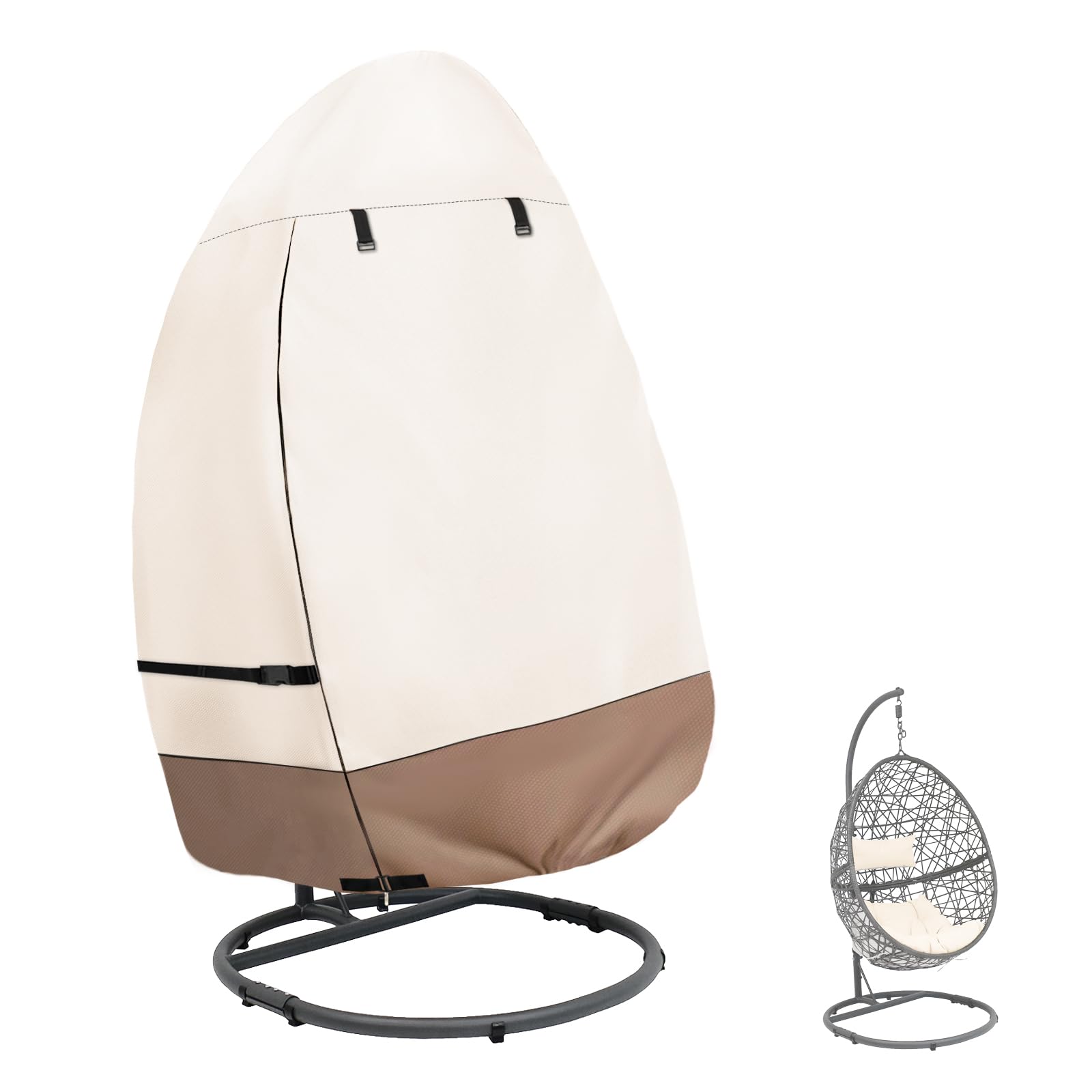 okcool Patio Hanging Egg Chair Cover, Waterproof Heavy Duty Outdoor Single Seat Swing Egg Chair with Stand Cover(Beige & Brown, Fits 45″W x 33″D x 68″