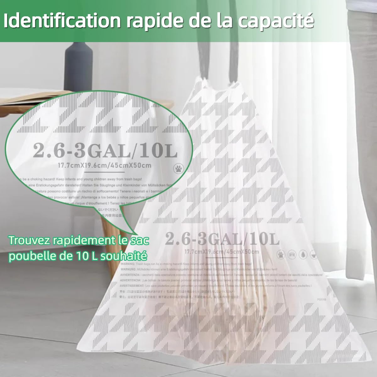 OKKEAI 90 Sacchetti Spazzatura 10L Bianco Pretagliati, 45x50cm, Sacchetti Immondizia con manici a Cordoncino, Senza Strappo, Resistenti Impermeabili - Sacchetti Umido per Bagno, Soggiorno, Cucina