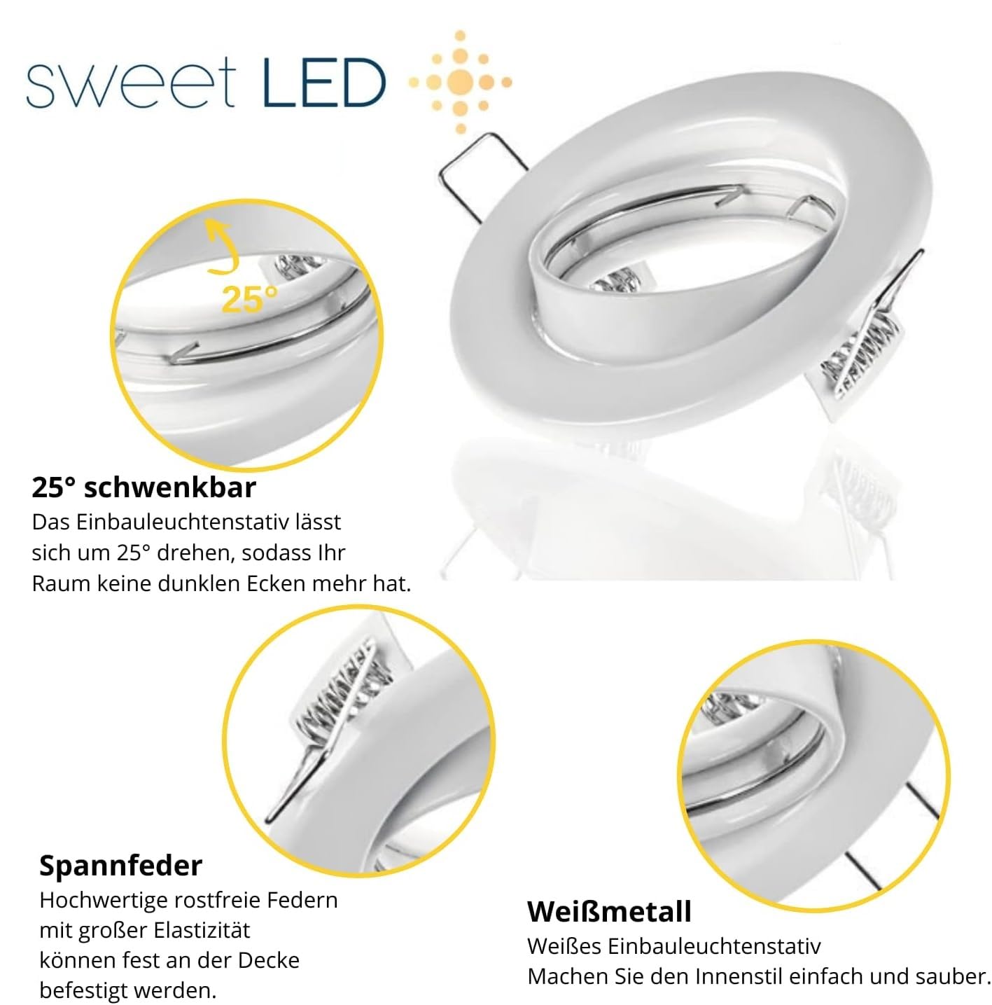 10x Sweet Led Cadre encastrable incluant douille GU10 - Spots encastrables IP20 230V - adaptés pour LED & halogène - Spots encastrables orientables en métal - Ø 88mm, blanc
