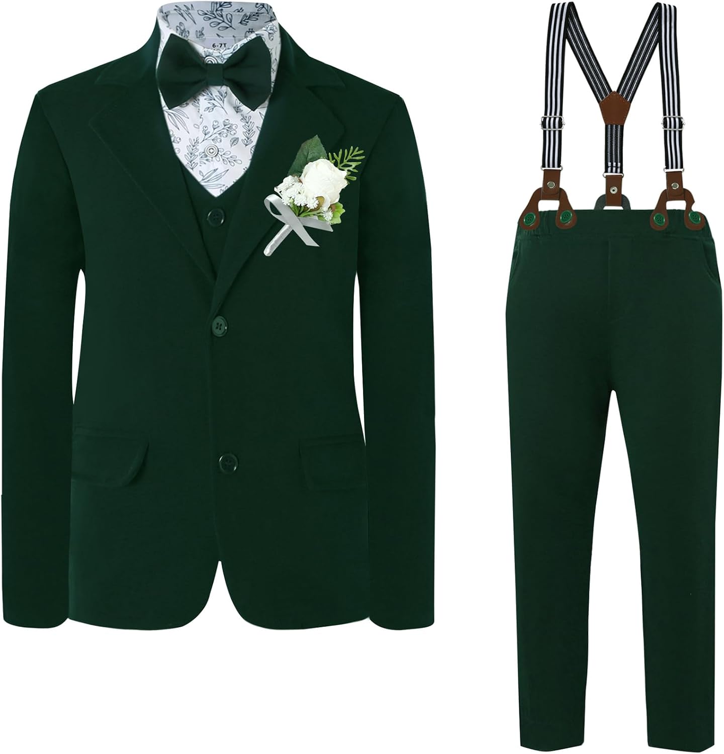 DISAUR Boy Suit for Formal Occasion 7 Pcs Including Jacket, Pants, Shirt, Vest, Corsage, Suspender and Bow Tie for 6-12 Years