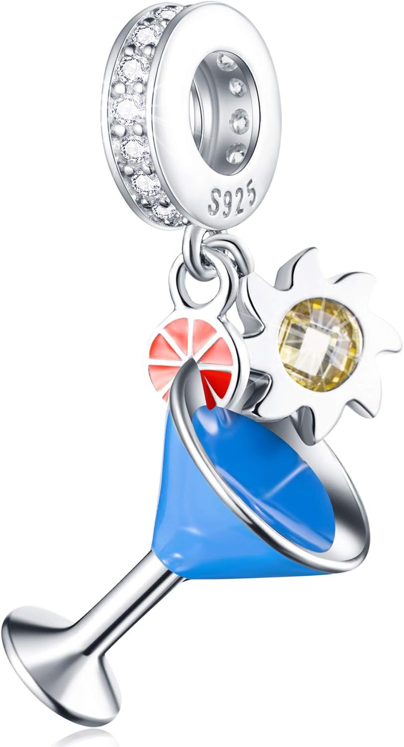 Love Coffee and Champagne Drink Charms, 925 Sterling Silver Coffee Cup Wine Glass Pineapple Beverage Strawberry Charms, Ice Cream Cone,Cocktail Goblet,Corn,Mushroom,Candy Pendant for Women Bracelet