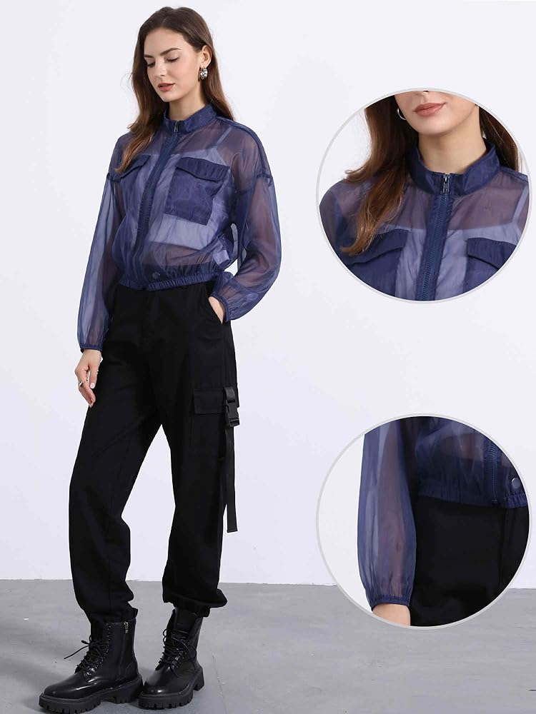 Allegra K Sheer Bomber Jacket for Women's Zip Up Long Sleeve See