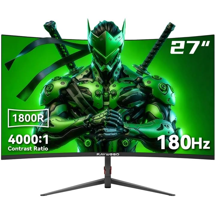 Image of Raywego 27 inch Curved Gaming Monitor, 180 Hz Full HD 1080p, 1800R VA Display with Adaptive Sync, 99% sRGB, Eye Care, VESA Mount, DP and HDMI for Gaming Home Office