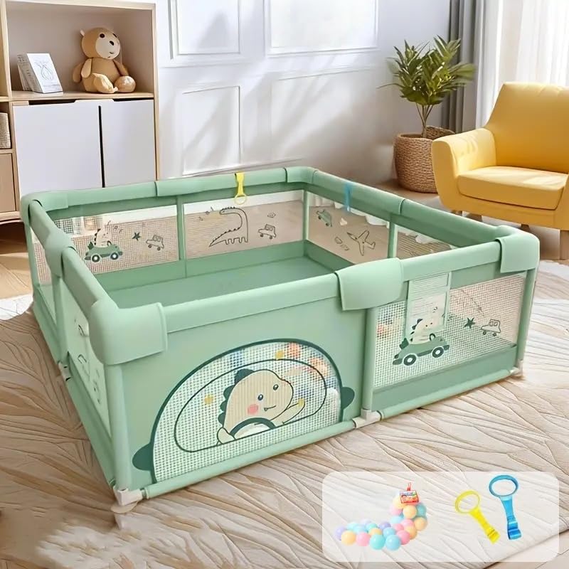 Image of Playpen for Baby up to 5 Years Playards with Pit Balls and Anti-Fall Grasp Rings, Kids Activity Center with Safety Lock (No Mat, Non-Foldable) (150 * 180cm-green)