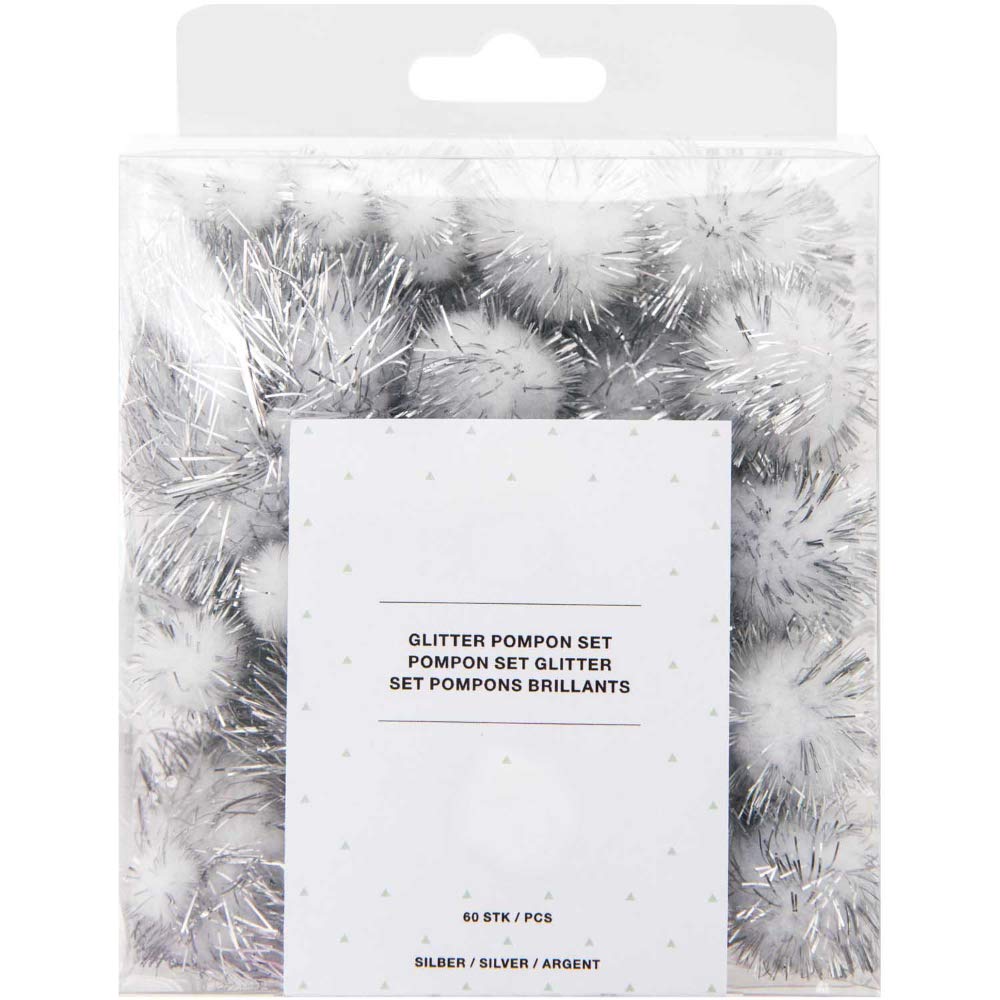 Crafty Capers 60 Tinsel Craft Pom Poms - Silver Glitter (10 to 45mm)