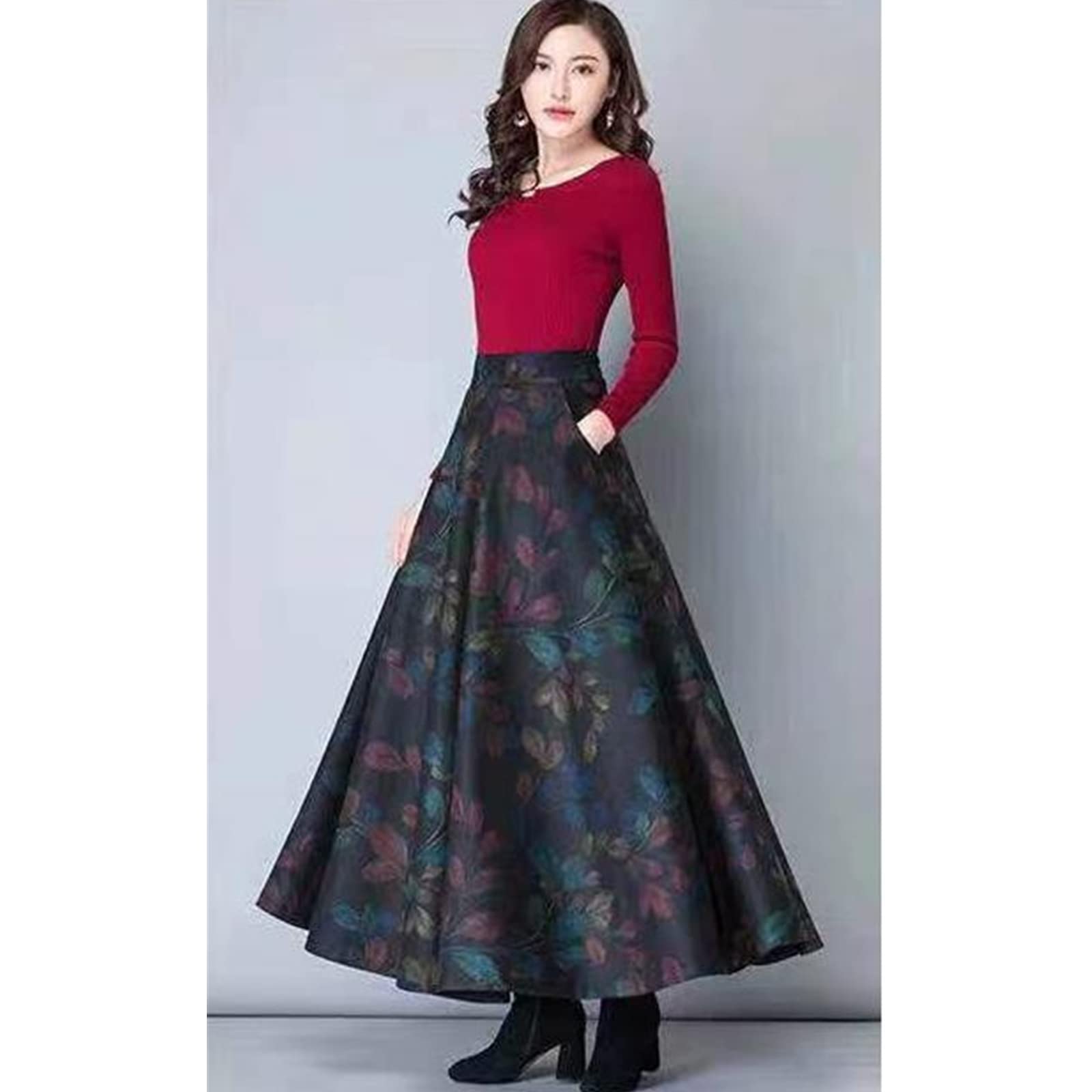 Falda larga de oficina, falda elegante, cálida, versátil, de cintura alta, acampanada, maxi, color, 44