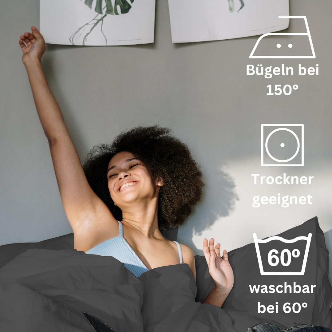 Homesty Ropa de cama premium de 155 x 220 cm + 1 funda de almohada de 80 x 80 cm – 100% algodón, Colchas Funda Nórdica de 2 piezas Öko Tex con cremallera YKK, antracita suave y transpirable