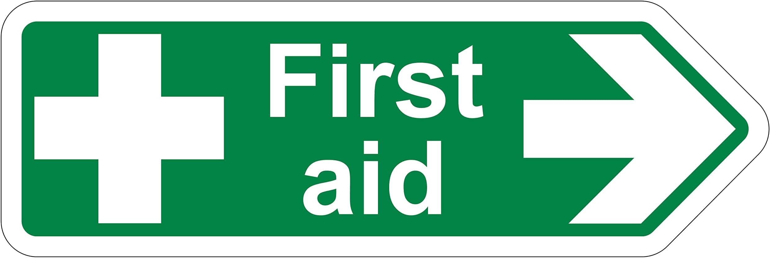 V Safety Shaped Safety Sign - First Aid Arrow Right - 300X100 - Self Adhesive Vinyl