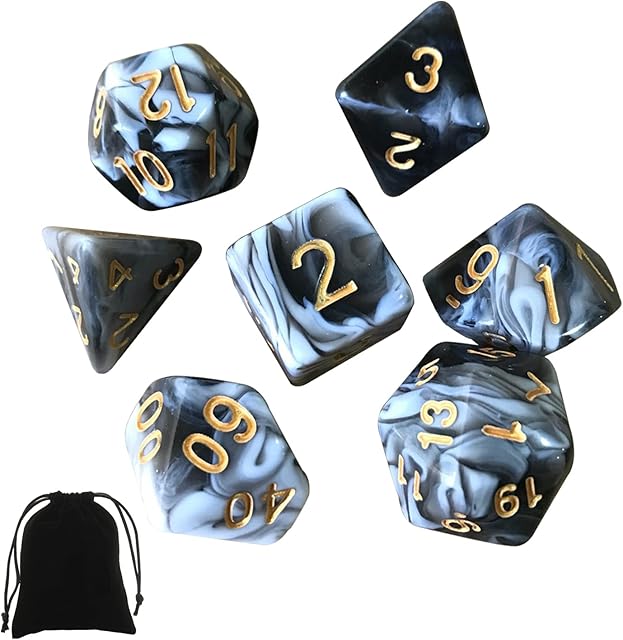 Polyhedron DND Dice Set, 7PCS Gaming Dice Black and White Mixed Colors for Dungeons & Dragons D&D RPG Magic Table Game Dice, D4 D8 D10 D12 D20