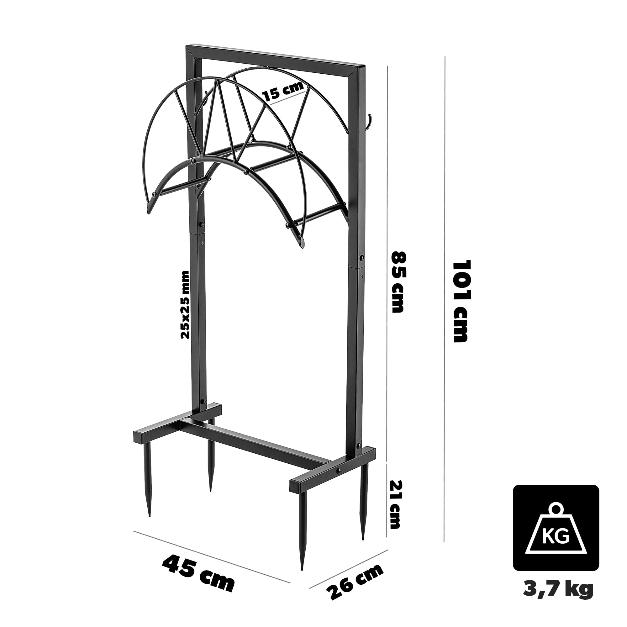 KADAX Wolnostojący uchwyt na wąż ogrodowy 45 x 85 cm, uchwyt na wąż z malowanego proszkowo żelaza, uchwyt na wąż do 45 m, uchwyt na wąż (Czarny)