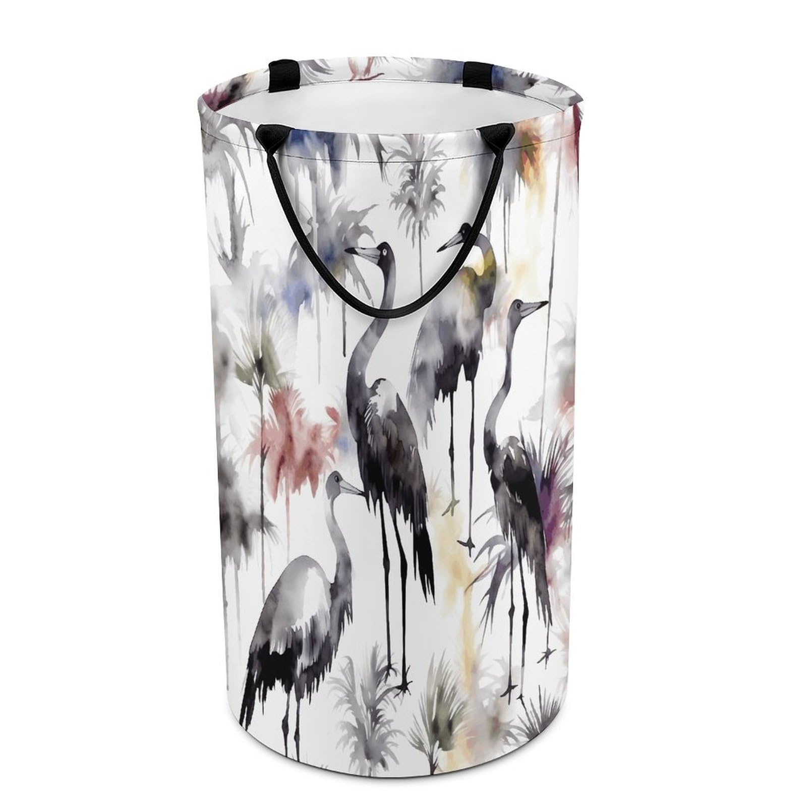 Black And White Crane Pattern Laundry Hamper Waterproof Polyester Laundry Baskets Collapsible Dirty Clothes Storage Basket Clothes Hampers with Sturdy Handles for Travel Bedroom