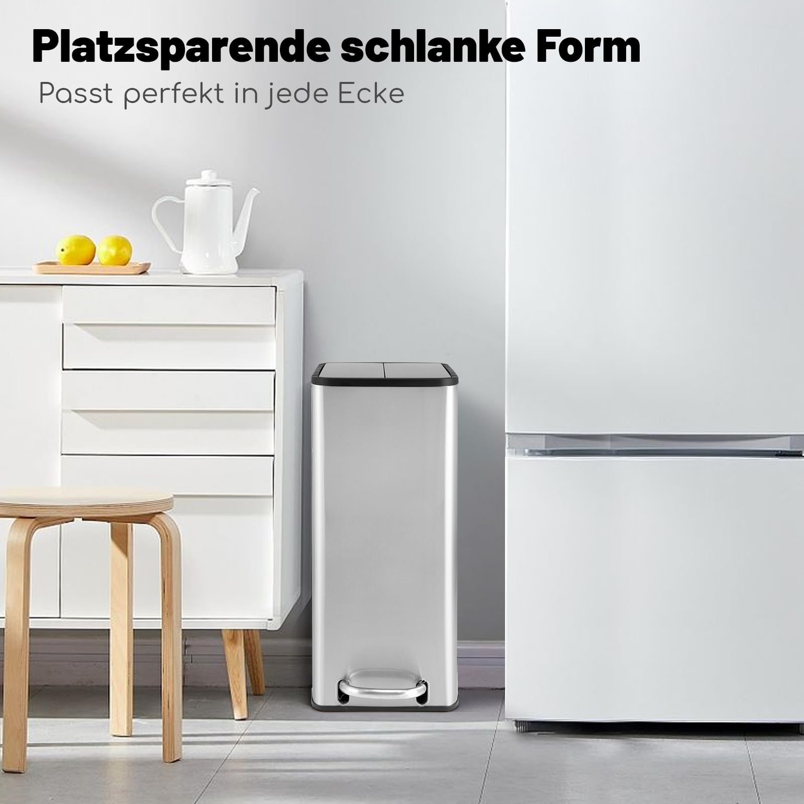 COSTWAY 46L Mülleimer Edelstahl, Küchenabfalleimer mit 2 Deckeln & Pedal & Griffe, Treteimer mit herausnehmbarem Inneneimer, Abfalleimer für Küche, Wohnzimmer, Badezimmer, Büro, 52 x 26 x 68 cm
