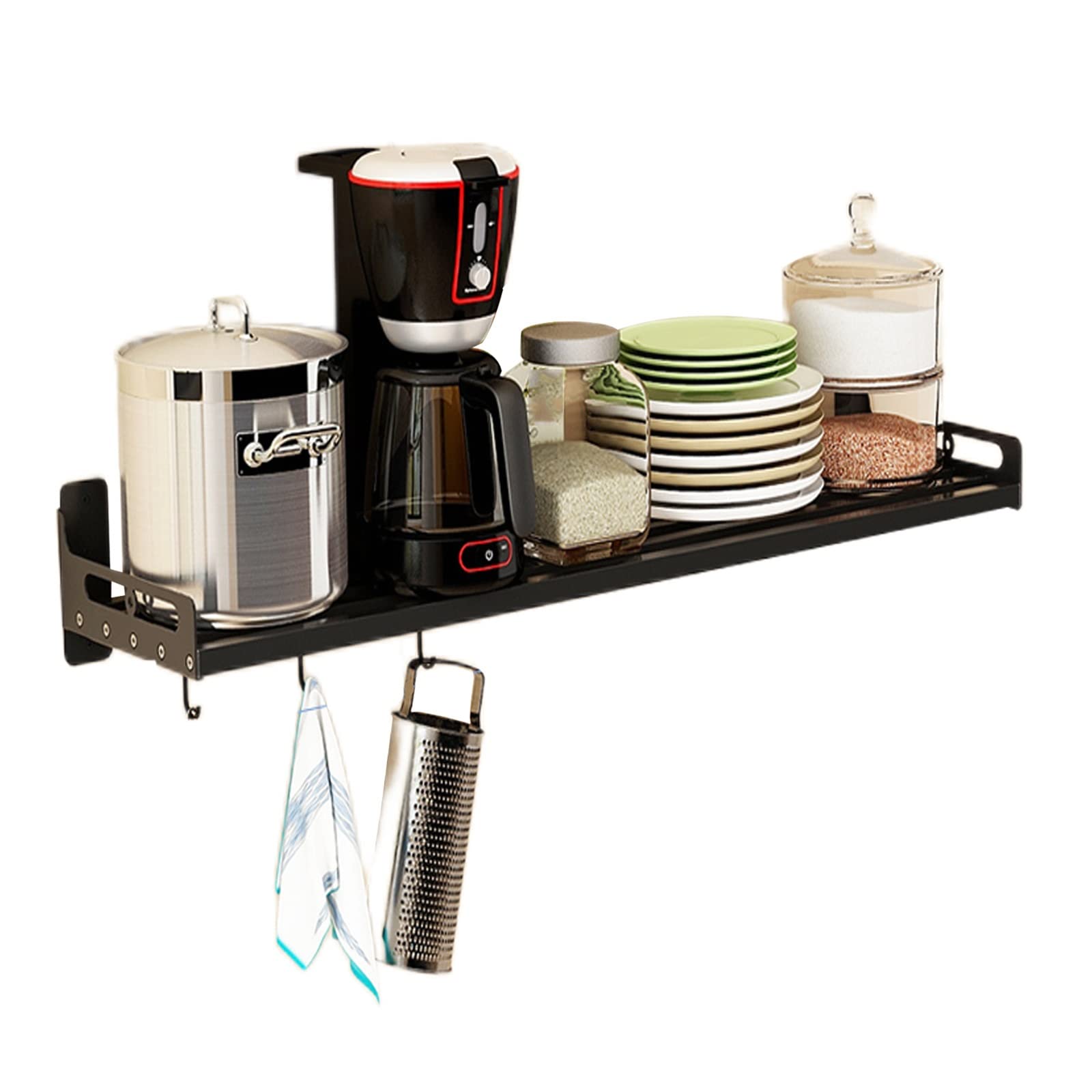 POLGDW Microwave Oven Storage Rack Kitchen Organizer Shelf Holder Wall Mounted Hanging with Spice Jar Holder and Pot Pan Rack Stand Storage Organizer with 5 Hooks
