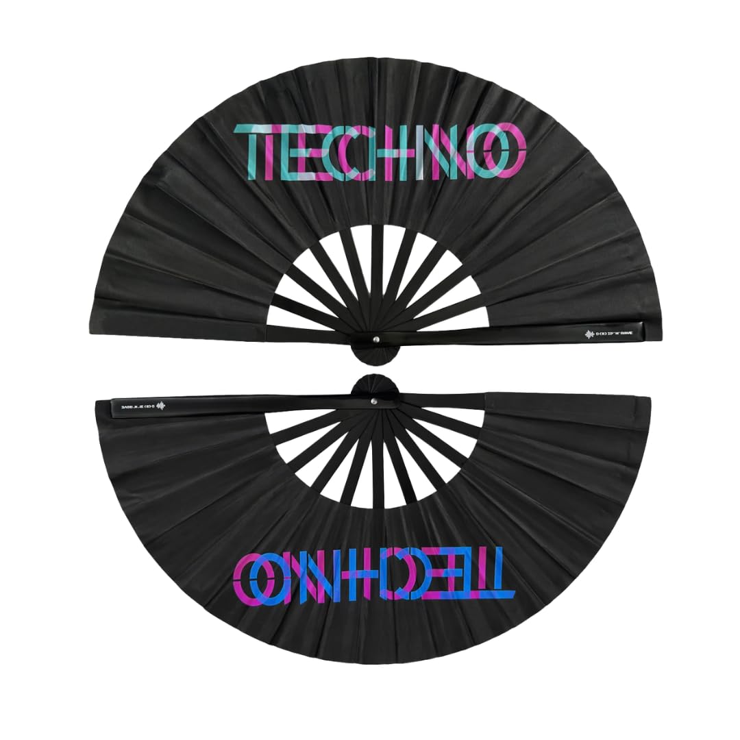 Techno-XL - Ventaglio a mano con luce UV, con leggero luccichio verde, l'accessorio indispensabile per Techno Rave Festivals Club, pieghevole, grande, in legno di bambù, nero