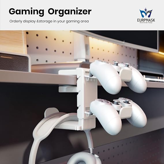 3-in-1 Headset&Controller Holder - EURPMASK Upgraded PC Gaming Headset Stand, Adjustable Clamp-on Headphone Holder,Headphone Controller Hook Under Desk w/ 360 Degree Swivel&Cable Clip Organizer-White