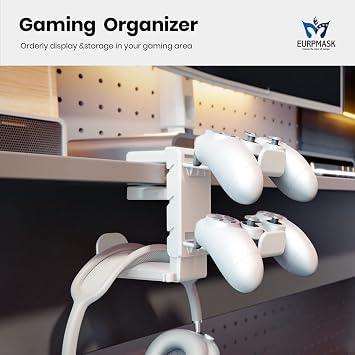 3-in-1 Headset&Controller Holder - EURPMASK Upgraded PC Gaming Headset Stand, Adjustable Clamp-on Headphone Holder,Headphone Controller Hook Under Desk w/ 360 Degree Swivel&Cable Clip Organizer-White