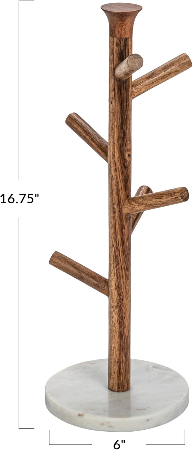 Bloomingville Tall Mango Wood and Marble Mug Rack, Natural and White