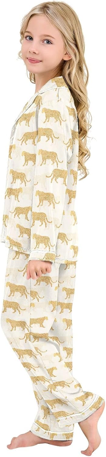 Kids Casual Satin Wear Set Golden Cheetah Pattern Unisex Relaxed Fit Clothing