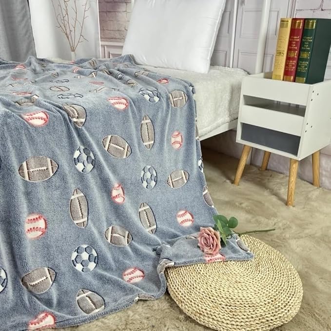 Image of Glow-in-The-Dark Kids Blanket a€ inch Polar Fleece Soft Lightweight Single Bed Blanket with Unicorn Jacquard Print, Multicolor (Blue Basketball)