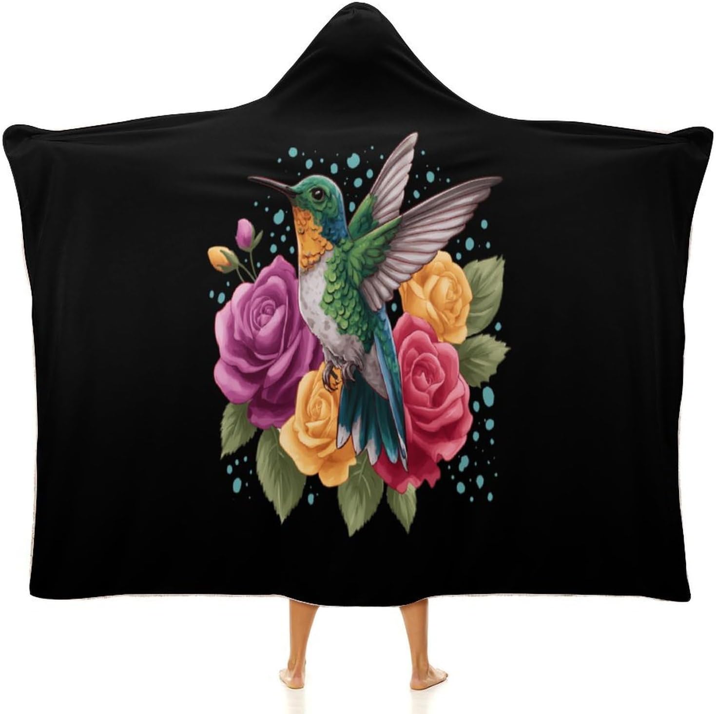 Hummingbird Rose Wearable Blanket Oversized Throw Cape | Cozy Hooded Blanket Gifts for Women Men