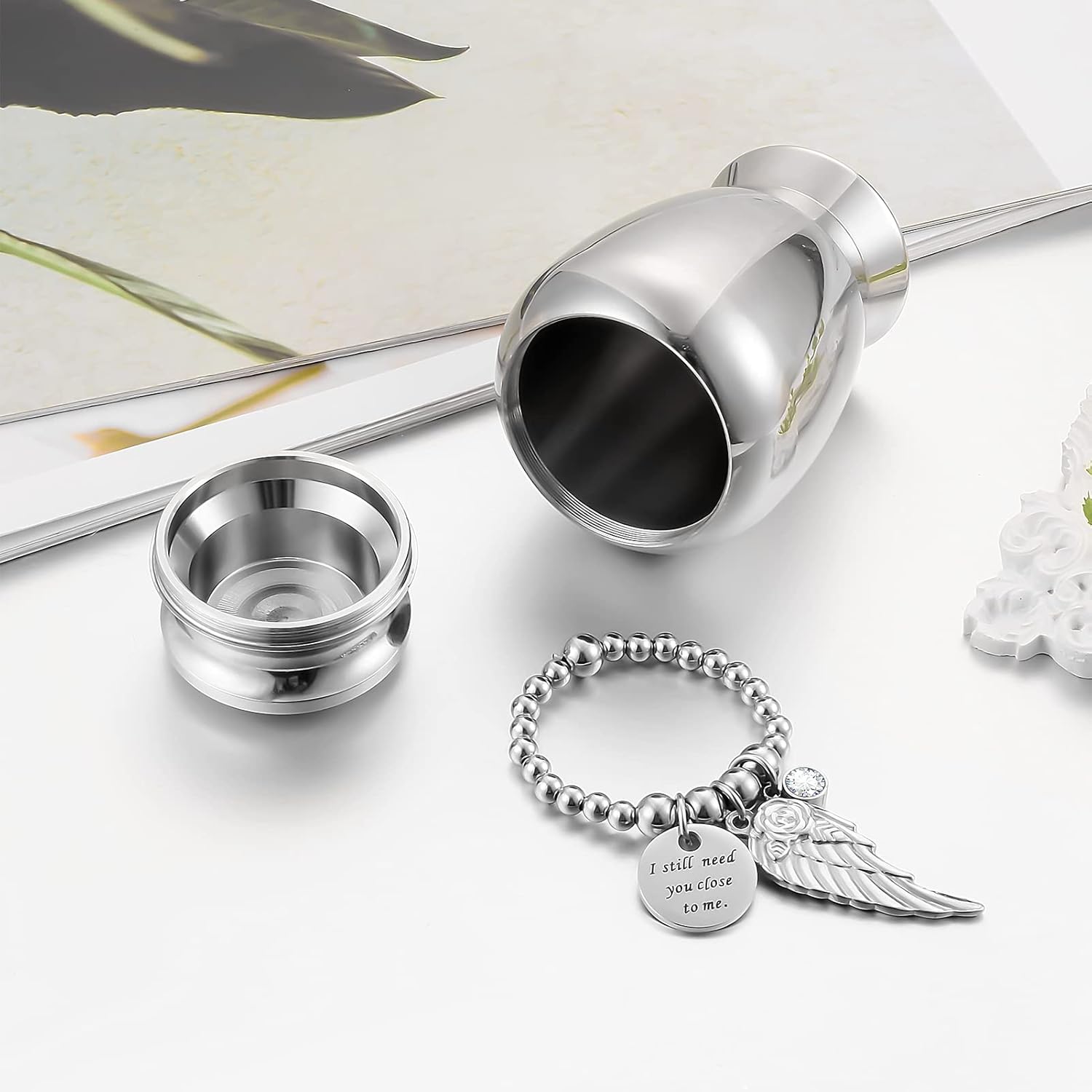 Small Keepsake Urns for Memorial Human Ashes 2.85 Inch with Wing Charm Mini Cremation Urns Stainless Steel - Image 5