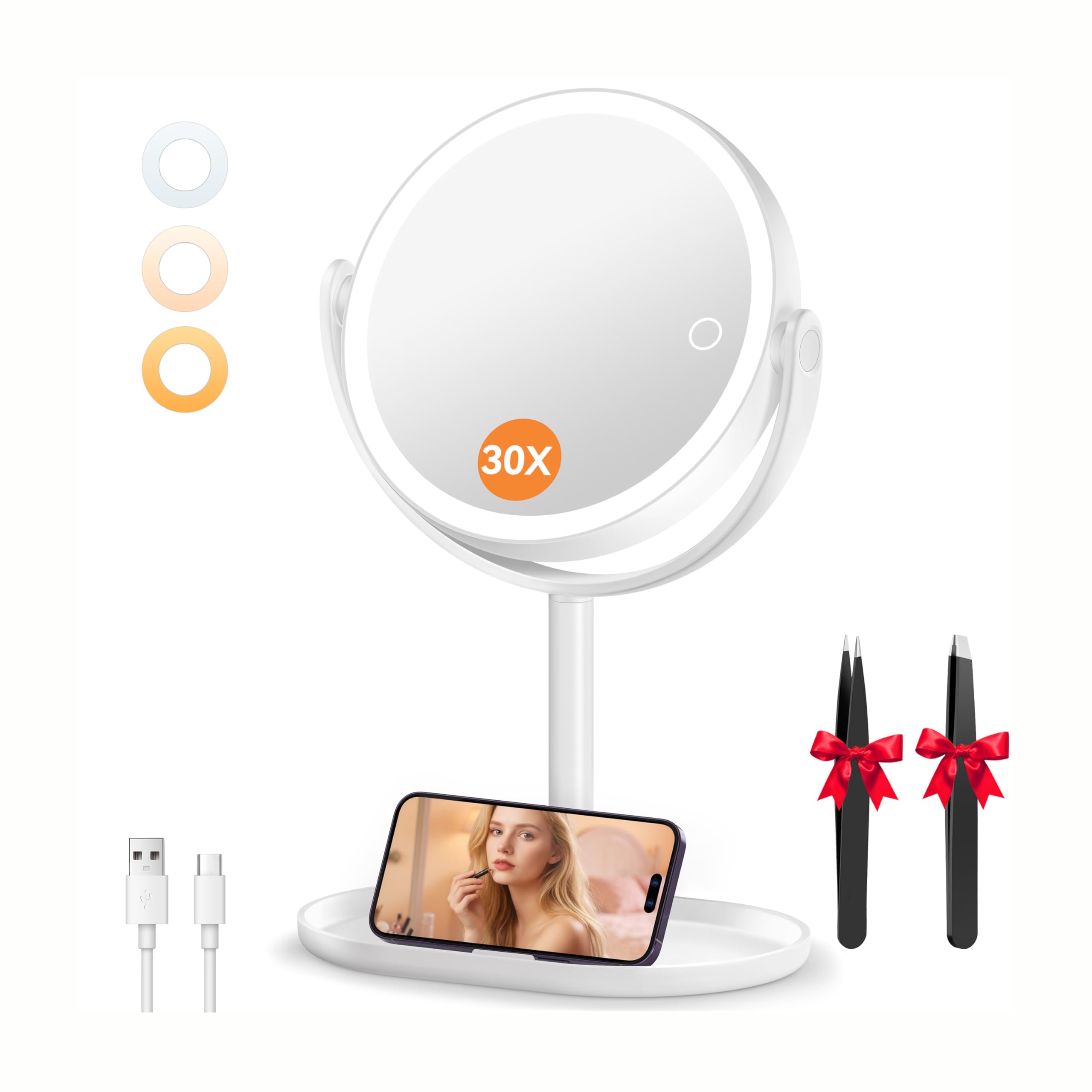 Auxmir Specchio Trucco con Luci 30X/1X Bifacciale, Specchio Ingranditore 8", Specchio da Tavolo Ricaricabile 2000mAh, 3 Colori di Luci 64 LED Rotazione a 360° Smontabile per Camera da Letto, Viaggio