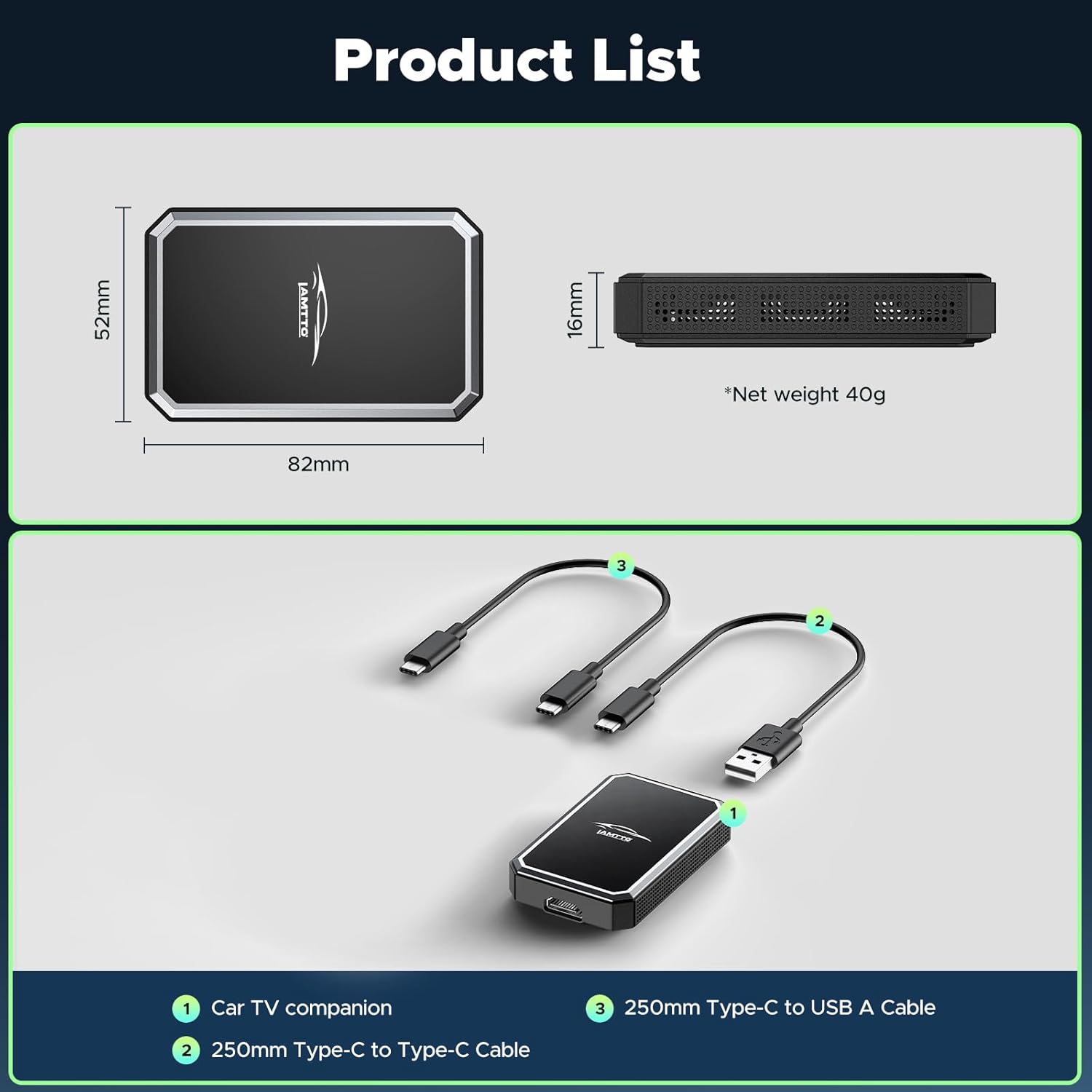 Contents of the LAMTTO Car TV Mate product package