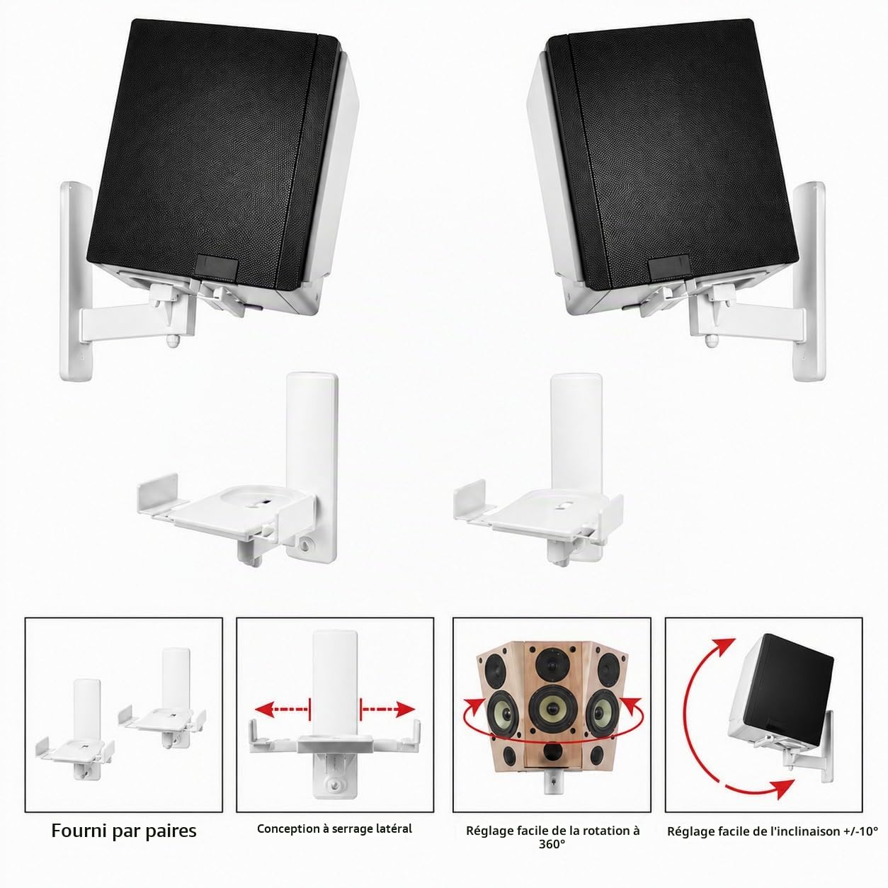 RO&CO B-Tech BT-77 White – Paire de Supports Muraux pour Enceintes Blanc • Jusqu'à 25 kg par Support • Rotation 360° • Inclinaison ±10° • Réglables de 135 à 280 mm • Acier Haute Résistance.