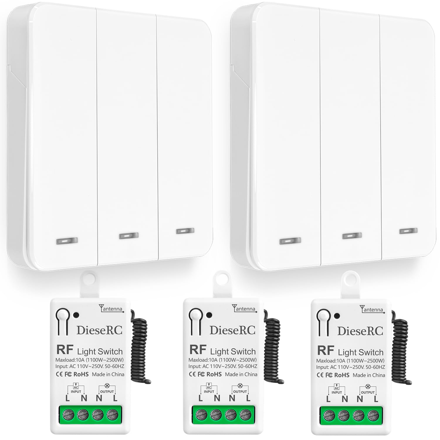 DieseRC Mini Wireless Light Switch Kit 86 Wall Panel RF Safety Switch and 10 Amp Relay receiver controller, No Wiring Easy Install, for Indoor Outdoor Light Lamp