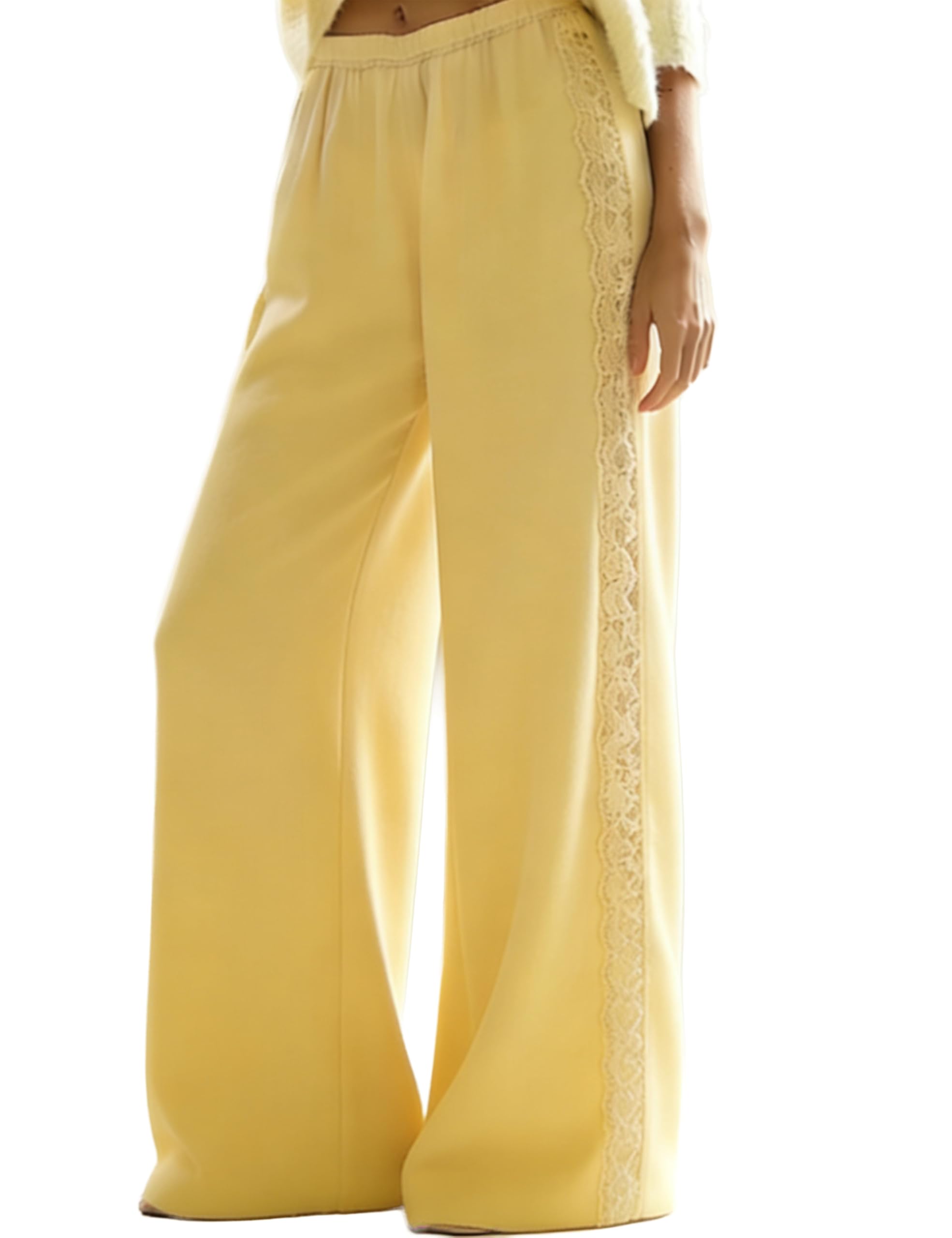 Womens High Waisted A Line Midi Skirt Lace Trim Elegant Lightweight Flowy Skirt for Casual and Dressy Wear