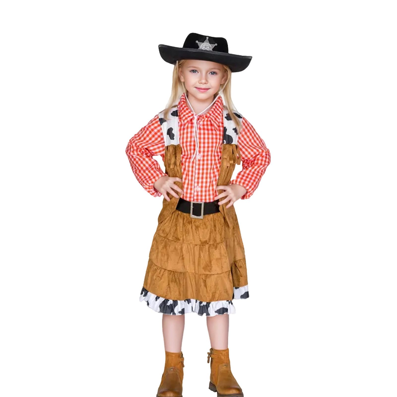 Girls Western Cowgirl Costume Set Fringe Vest+Skirt+Bandana+Cowboy Hat Cute Halloween Costume Dress Up Rodeo Outfit 1-14Y