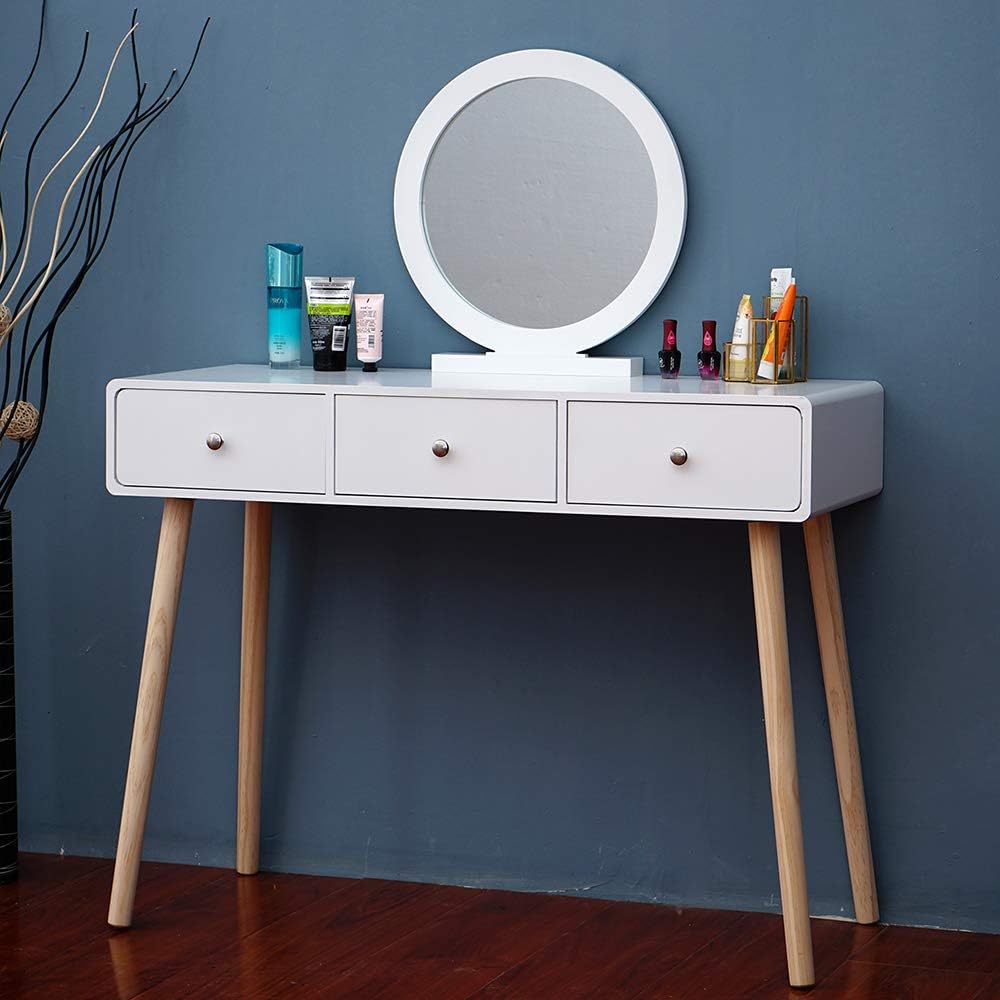 BonChoice Scandinavian White Dressing Tables Set 3 Drawers Vanity Table Makeup Desk with Stool and Round Mirror Bedroom, Cloakroom, Dressing Room Modern Best Gift for Girl