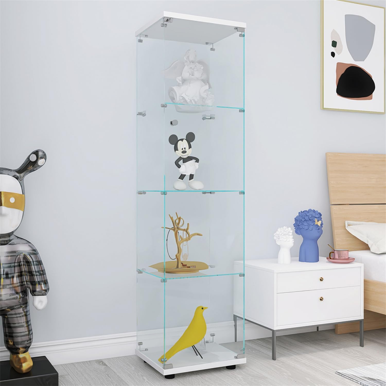 4-Shelf Glass Display Cabinet with One Door, White