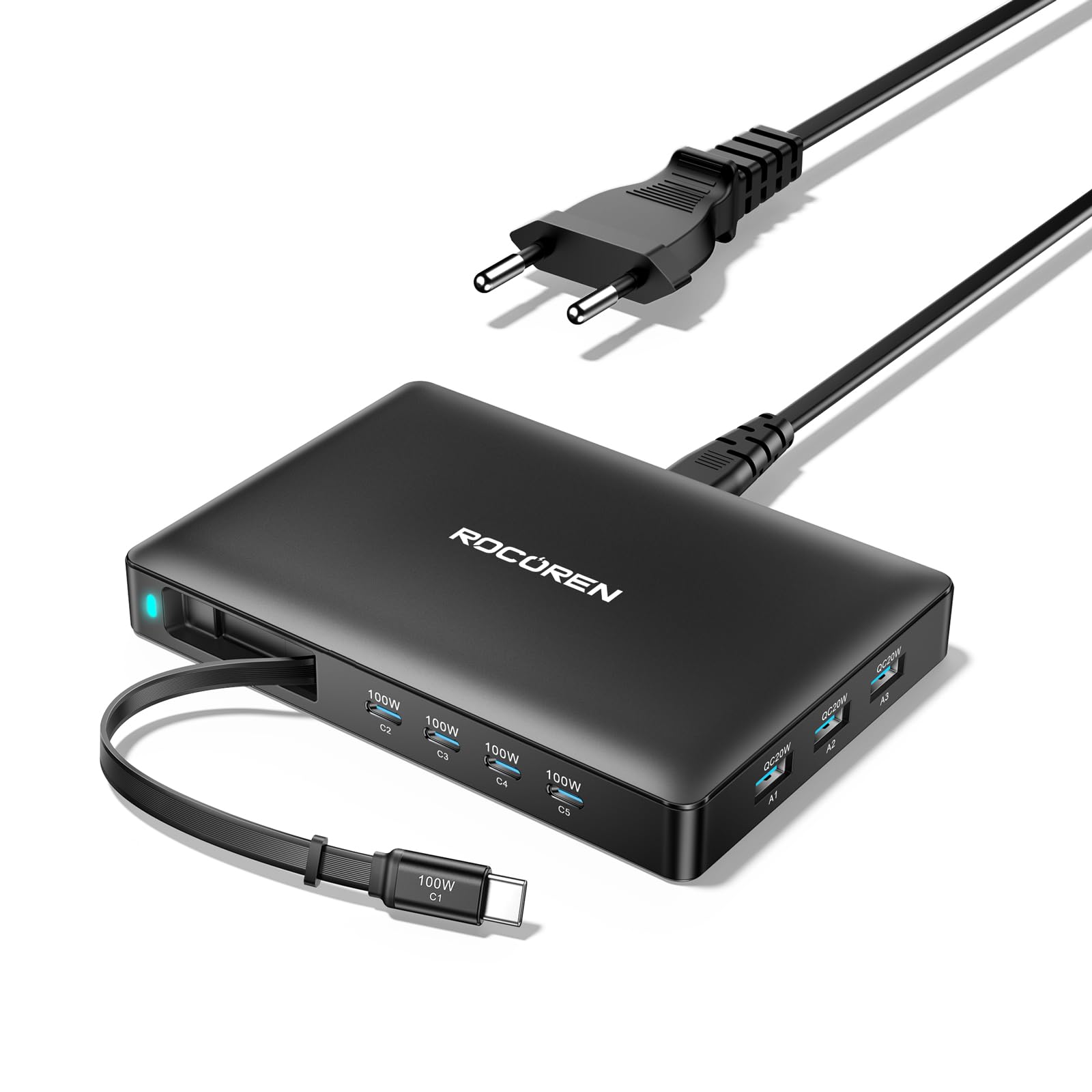 Rocoren Ładowarka USB C 8 w 1, z wysuwanym kablem, stacja ładująca USB GaN z wieloma urządzeniami, kompatybilna z laptopami, MacBookiem, iPadem, iPhonem, Samsung i innymi