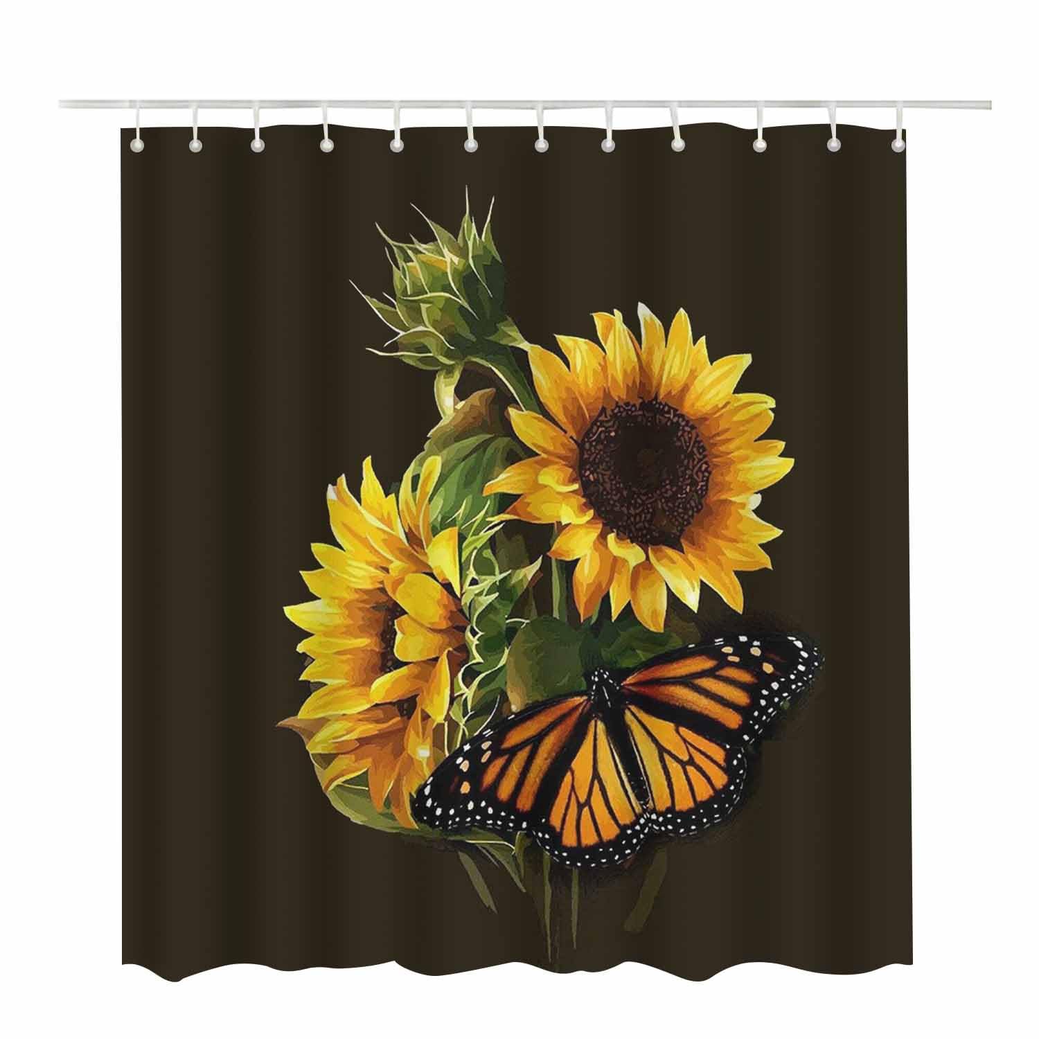 Woutay Shower Curtain Water Repellant Fabric Yellow Sunflower and Butterfly,Mould Proof Resistant,Polyester,with 12 Plastic Hooks - Image 2