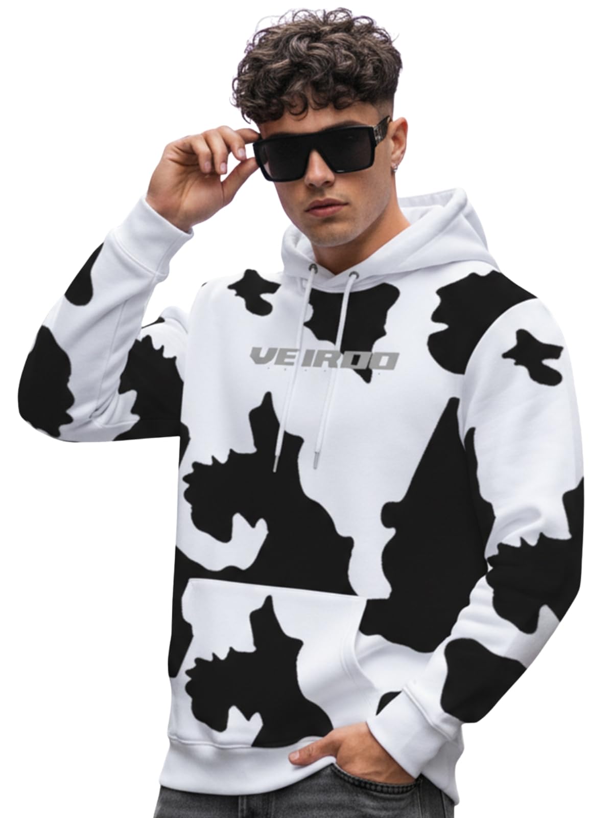 veirdo Cotton Fleece Regular Fit Hooded Sweatshirt All Over Printed Animal Cow Printed Hoodie for Men (Colors: White & Lilac)-picture-49