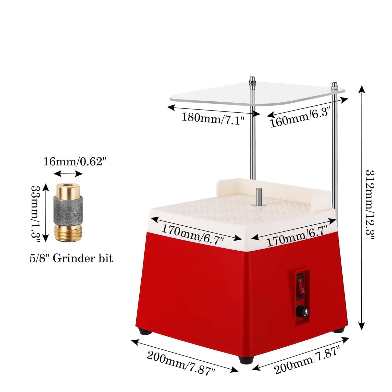 Molinillo de Vidrieras con Deflector AcríLico, MáQuina de Pulir de Arte de Vidrio PortáTil con Puntas de Amoladora de 5/8 ", Herramienta de Bricolaje de Vidrieras,Red-220V