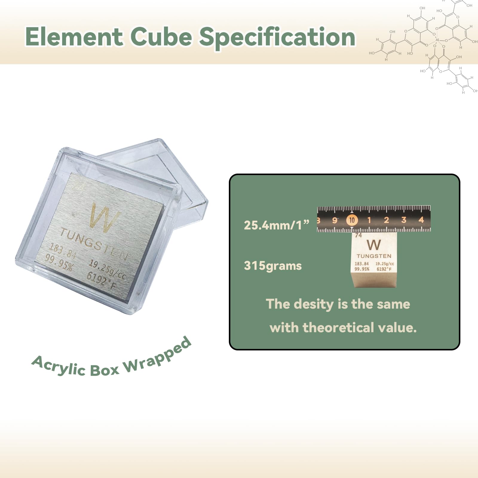 1inch Wolfram Würfel Element Metall Dichte Würfel mit Acryl Box 99.95% Reinheit Lehrwerkzeug, Geschenk für Schüler Lehrer Wissenschaft Chemie Liebhaber, Material Hobby Sammlung, DIY