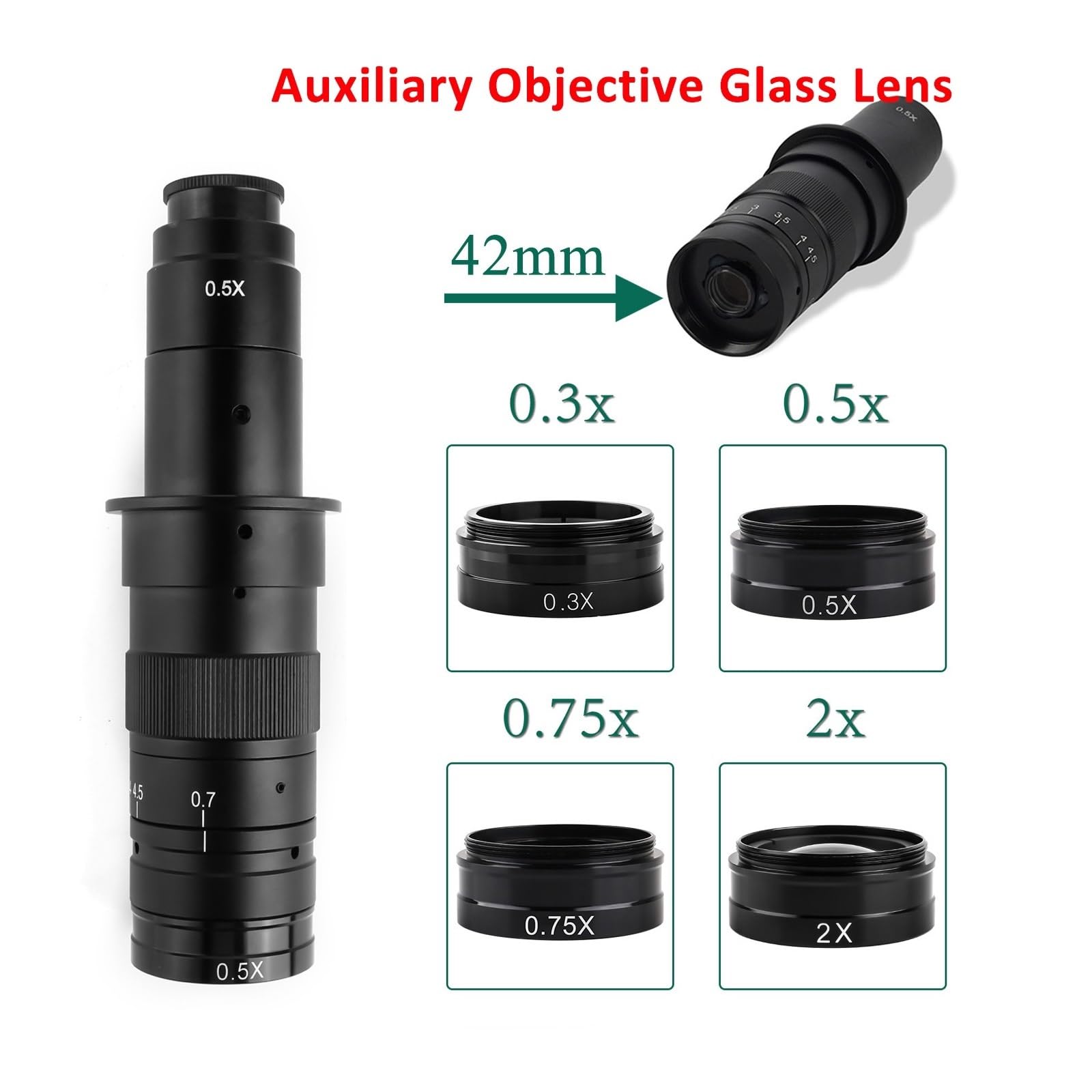 Telecamera per Microscopio, Lente in vetro obiettivo ausiliario da 42 mm 0,3X,5X,75X 2X for C MOUNT 180X su fotocamera for microscopio laboratorio monoculare | 0.3X-0.5X-0.75X-2.0X