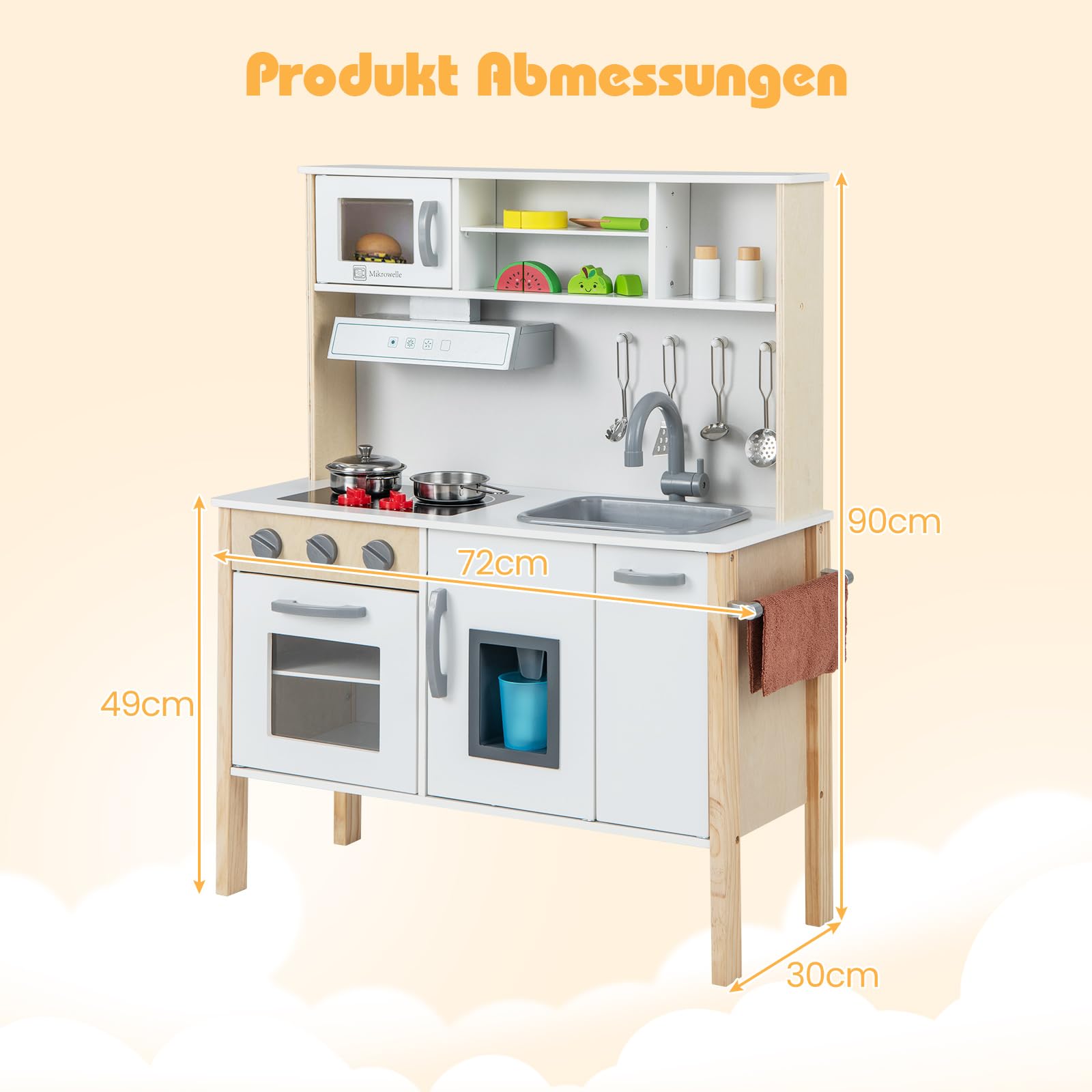 GOPLUS Drewniana kuchnia dla dzieci z kuchenką mikrofalową, zlewem, kranem, kuchenką gazową, okapem, kostkarką do lodów i piekarnikiem, zabawkowa kuchnia drewniana dla dzieci od 3 lat (biała)