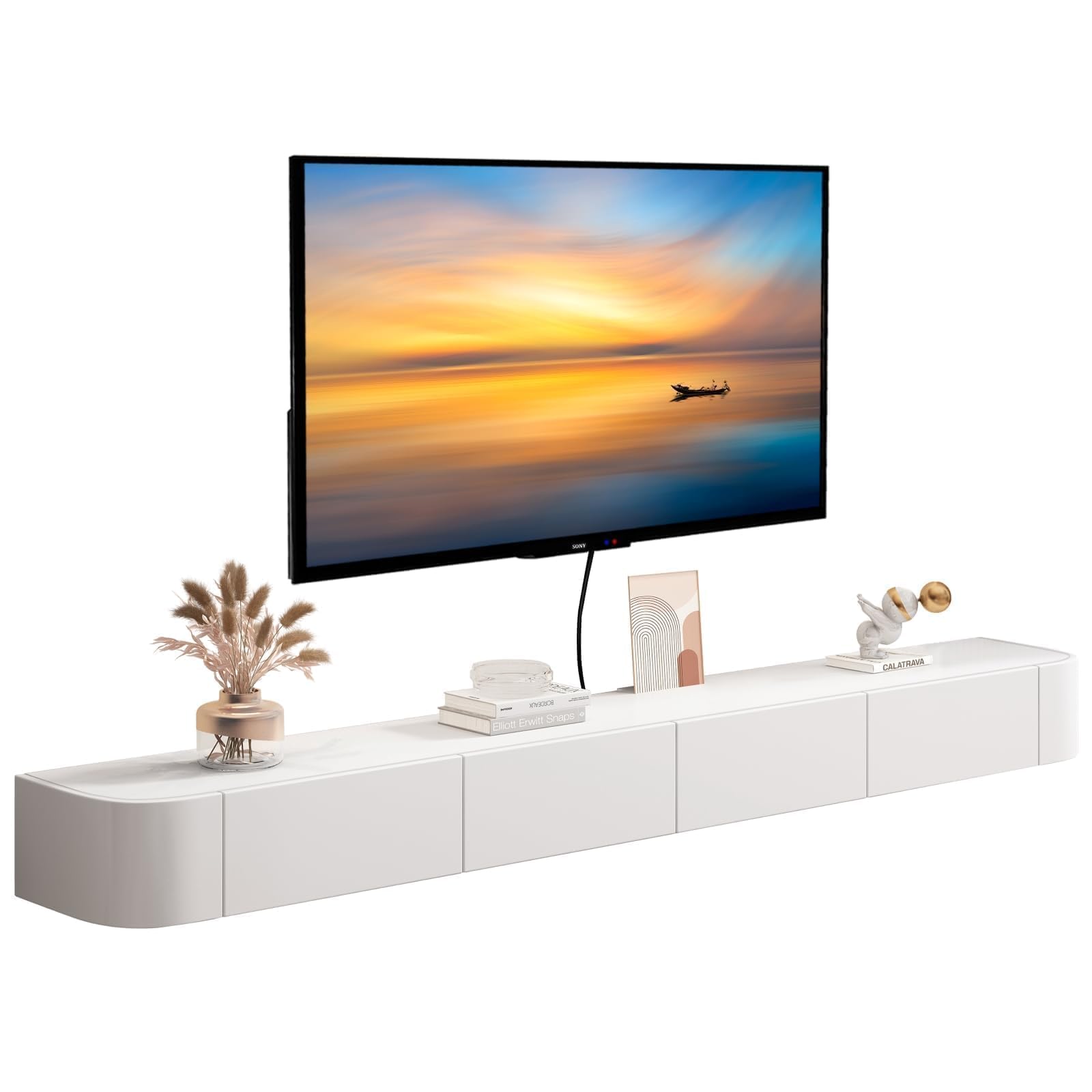 Meuble TV mural blanc pour un salon contemporain et une chambre ordonnée