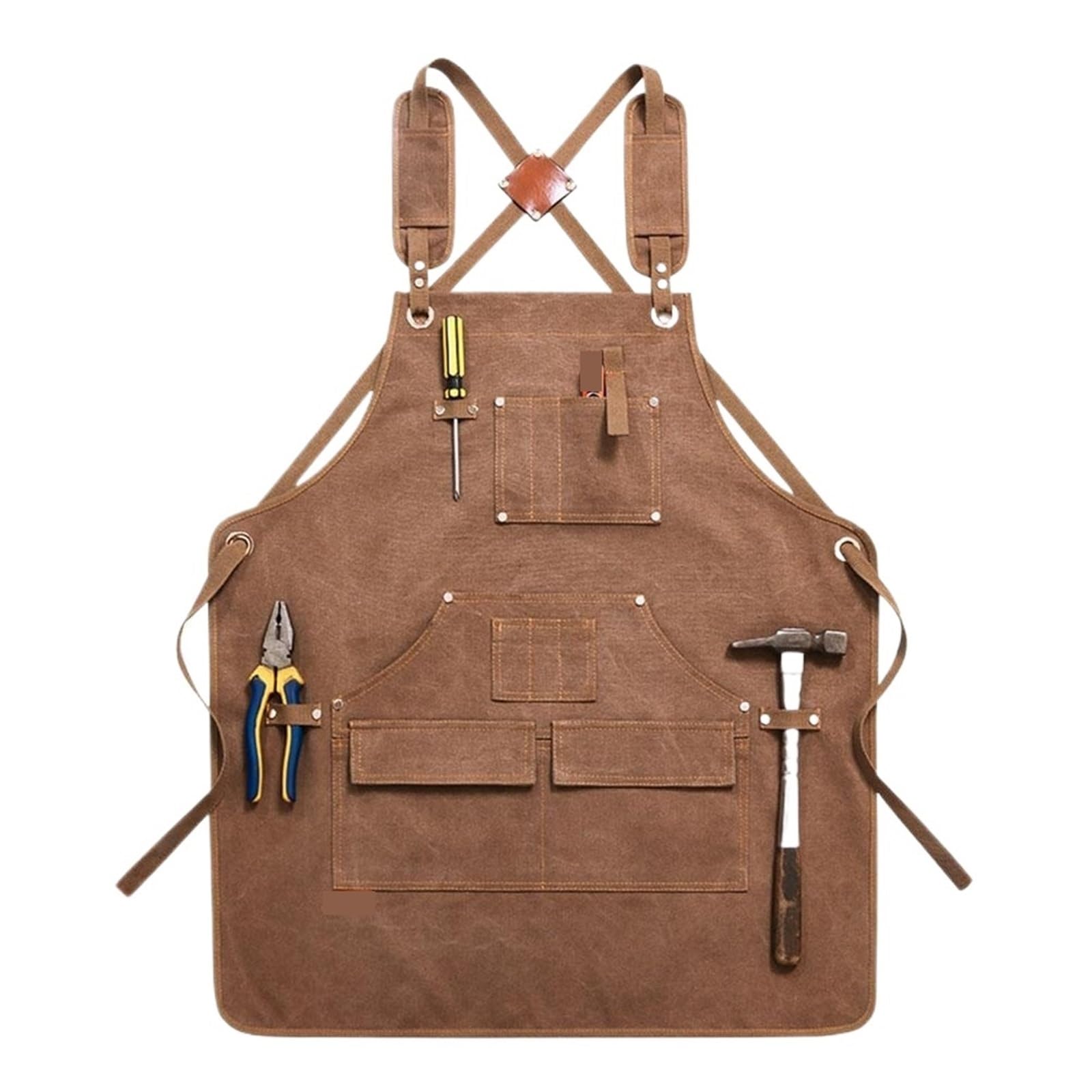 Delantal de Trabajo Unisex de Lona Encerada Resistente con Bolsillos for Herramientas y Correas Cruzadas Ajustables for carpintería y Pintura. para Trabajo(Brown)