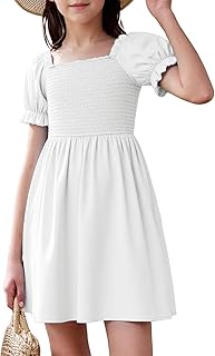 Girls Summer Dress Ruffle Puff Sleeve Casual Dresses for Kids Square Neck Smocked Flowy Dress 5-14 Y - Buy now