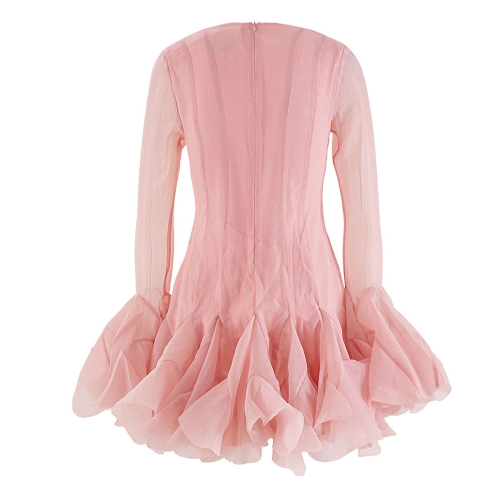 Abito da Donna Aderente con Maniche a Campana Svasate in Tinta Unita, Girocollo, Volant, Patchwork, Linea a Trapezio