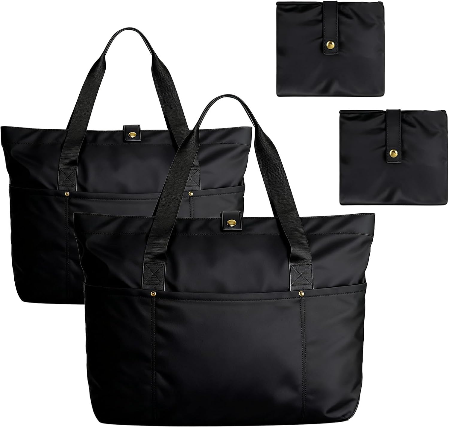 Dimore 2 Pack Foldable Tote Bags for Women, Black Large Capacity Travel Shoulder Bag Set Lightweight Waterproof Work Gym Shopping Handbags with Pockets