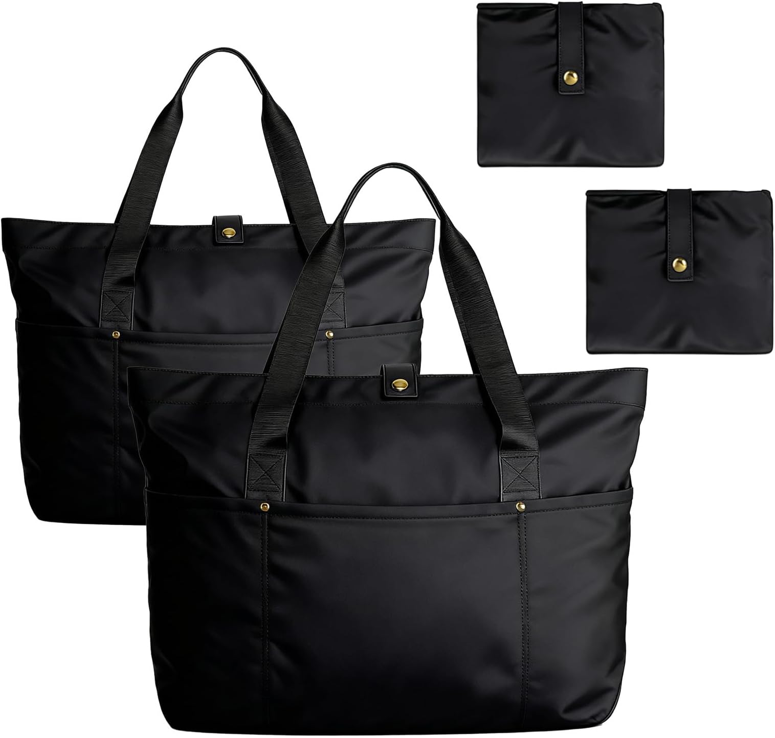 Dimore 2 Pack Foldable Tote Bags for Women, Black Large Capacity Travel Shoulder Bag Set Lightweight Waterproof Work Gym Shopping Handbags with Pockets