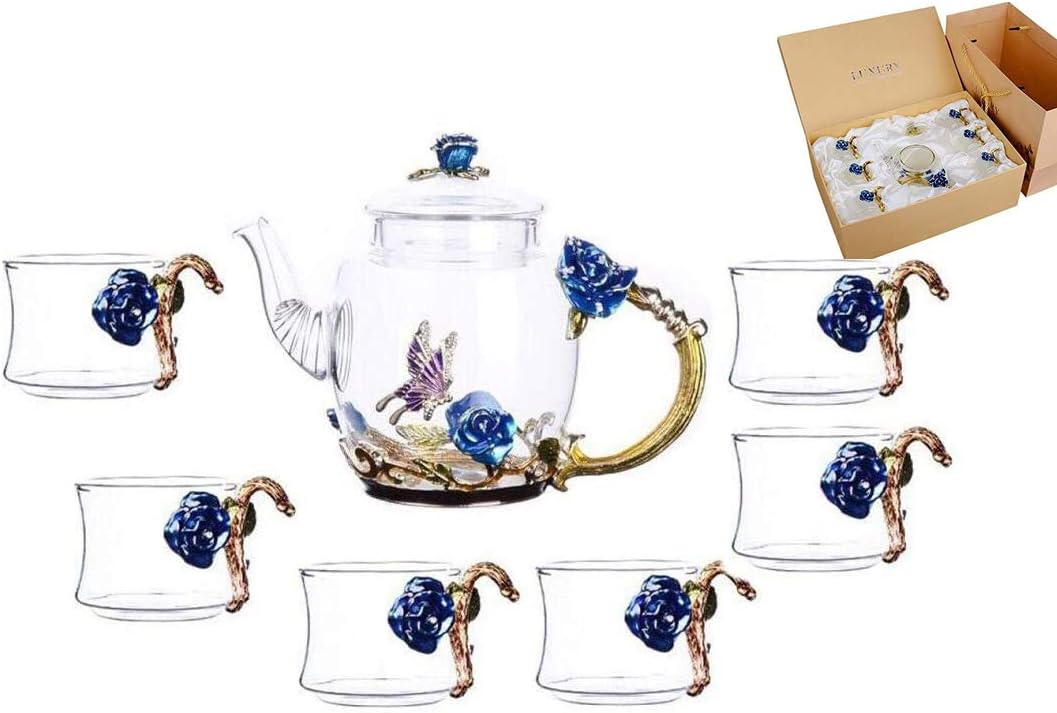 YBK Tech Creative Flower Glass Teapot and Cup Set Crystal Glass Kung Fu