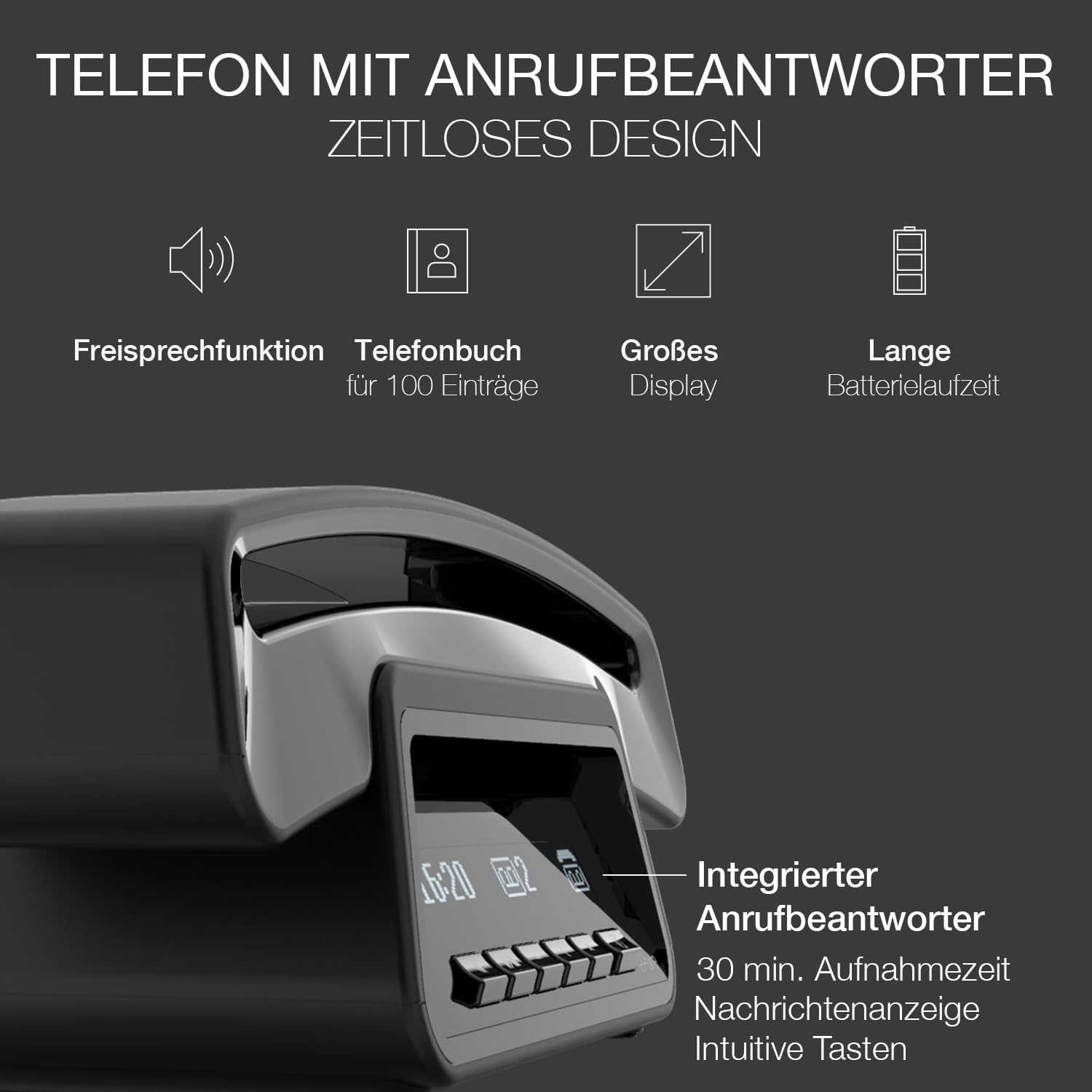 ALCATEL ePure Premium - Schnurloses Festnetztelefon DECT mit Anrufbeantworter - Vintage-Design - Basis mit smarter Anzeige - Grafikdisplay - Freisprechfunktion - Anrufblockierungsfunktion - Schwarz