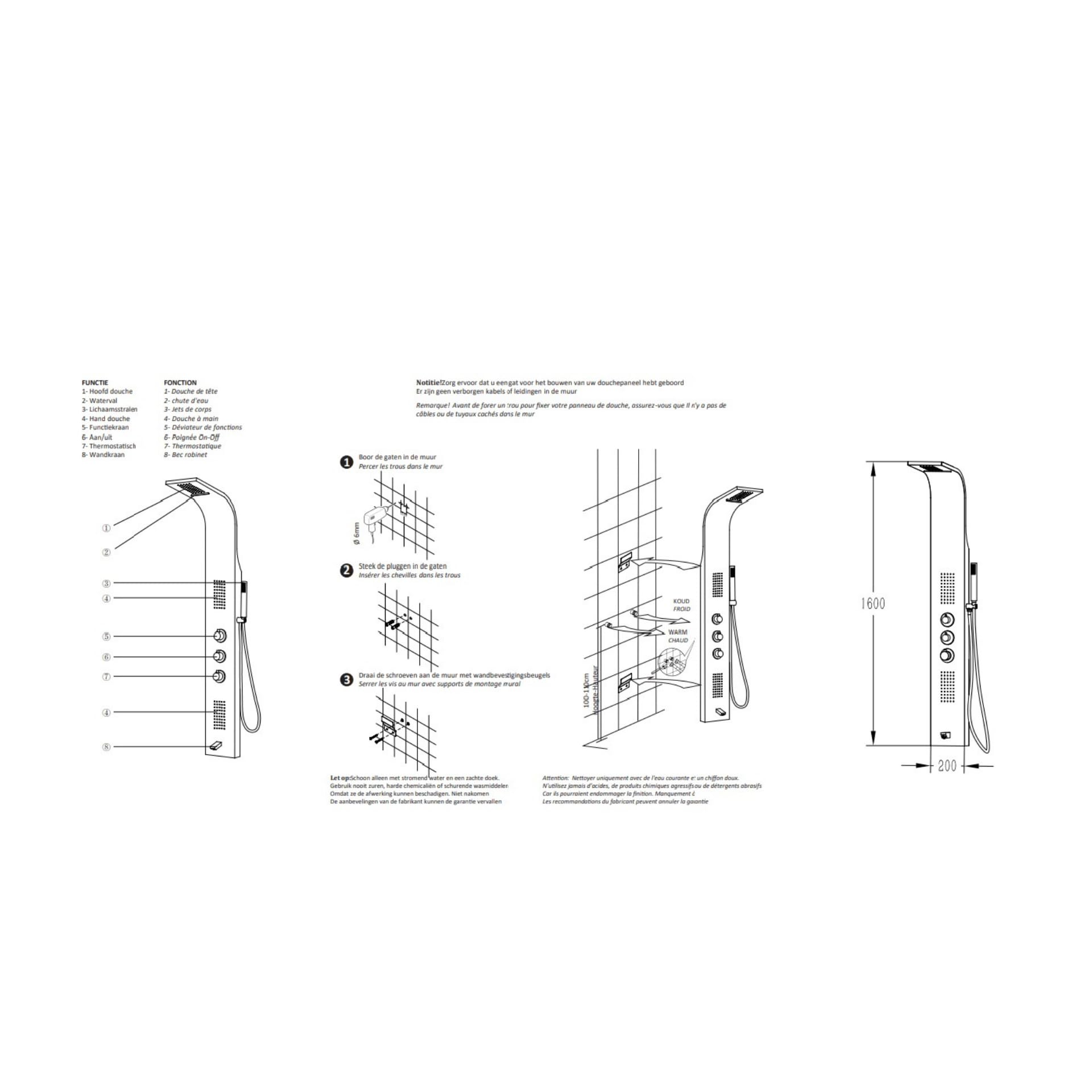 Système de Douche Luxe en Acier Inoxydable - Panneau Incurvé Quatre Fonctions (Pluie, Massage, Douchette) - 150x20x7 cm (Nickel)