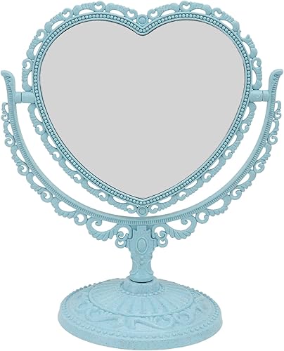 Espejo de tocador de mesa de doble cara con aumento de maquillaje con rotación de 360 grados (forma de corazón, azul)